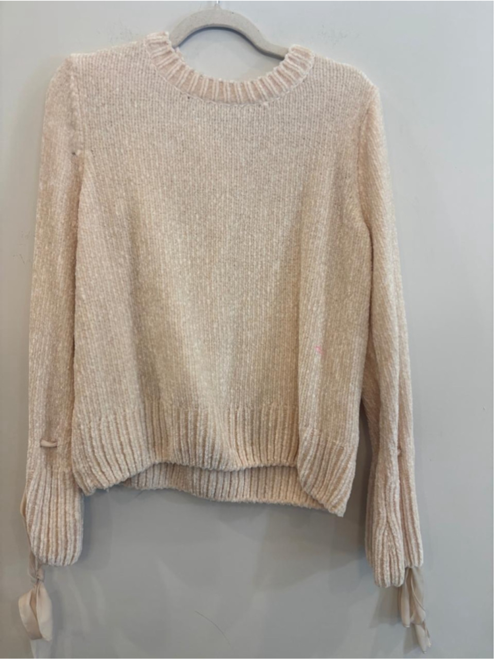 Cupio Soft Chenille Knit Sweater XL Cream Ribbon Tie Sleeve Cuff Crewneck N79